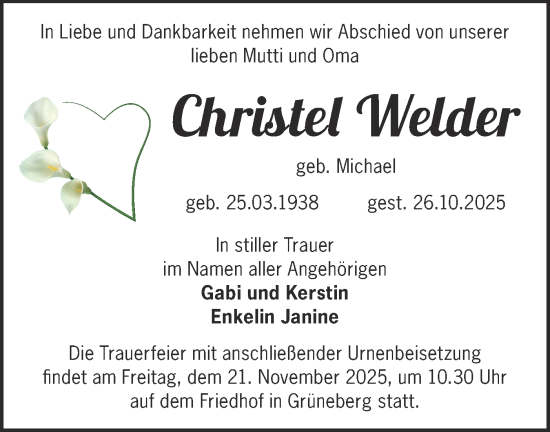 Traueranzeige von Christel Welder von Märkische Oderzeitung