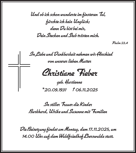 Traueranzeige von Christiane Fieber von Märkische Oderzeitung