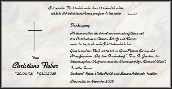 Traueranzeige von Christiane Fieber von Märkische Oderzeitung