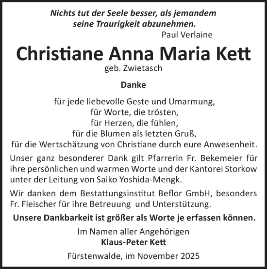 Traueranzeige von Christiane Anna Maria Kett von Märkische Oderzeitung