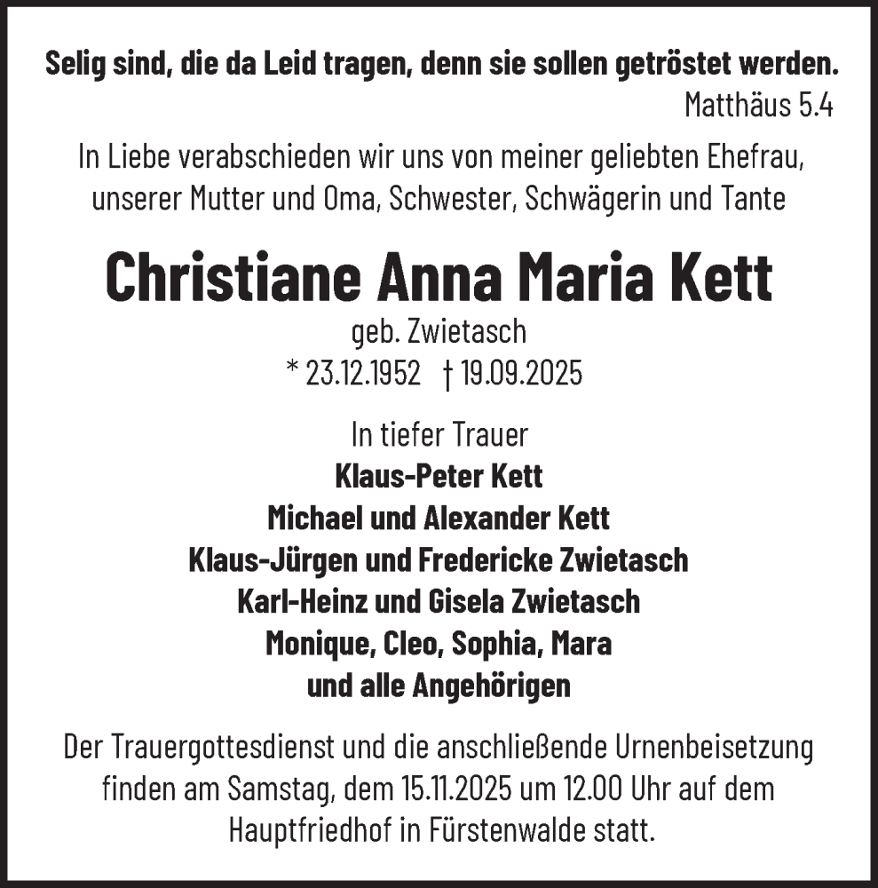 Traueranzeige für Christiane Anna Maria Kett vom 08.11.2025 aus Märkische Oderzeitung