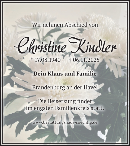 Traueranzeige von Christine Kindler von Märkische Oderzeitung