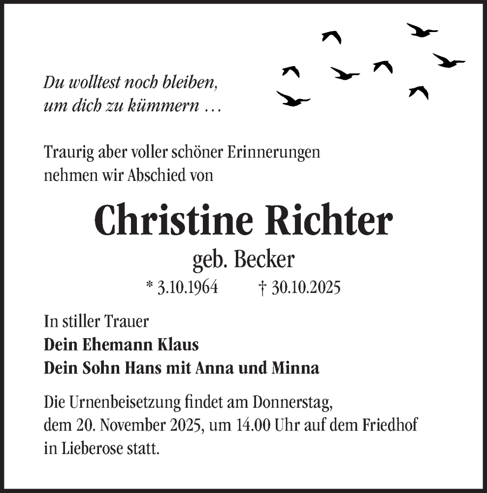  Traueranzeige für Christine Richter vom 15.11.2025 aus Märkische Oderzeitung