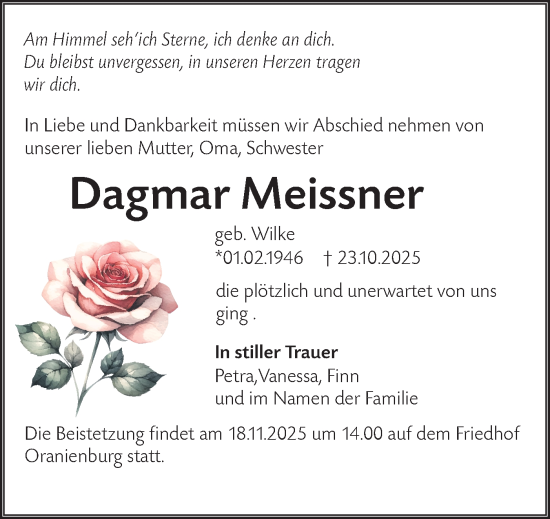 Traueranzeige von Dagmar Meissner von Märkische Oderzeitung