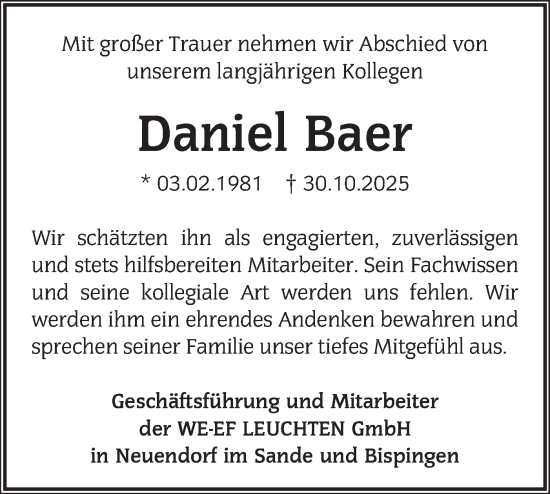 Traueranzeige von Daniel Baer von Märkische Oderzeitung
