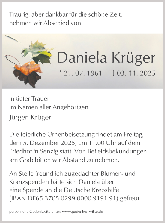 Traueranzeige von Daniela Krüger von Blickpunkt Königs Wusterhausen