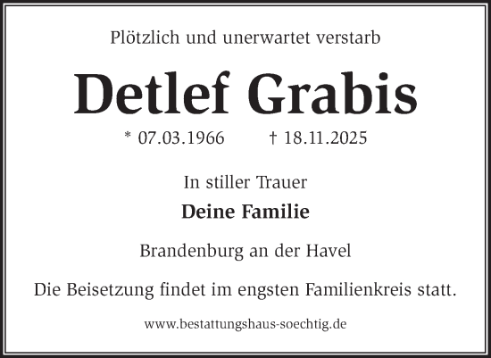 Traueranzeige von Detlef Grabis von Märkische Oderzeitung