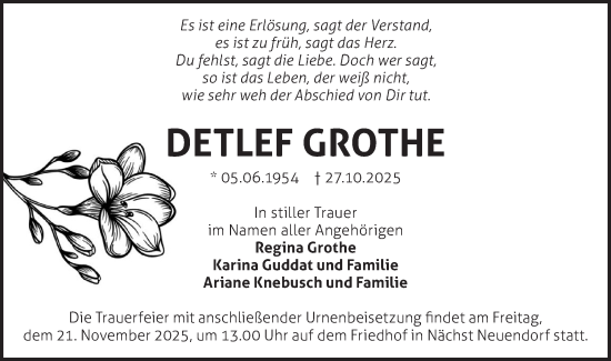 Traueranzeige von Detlef Grothe von Blickpunkt Ludwigsfelde/Zossen