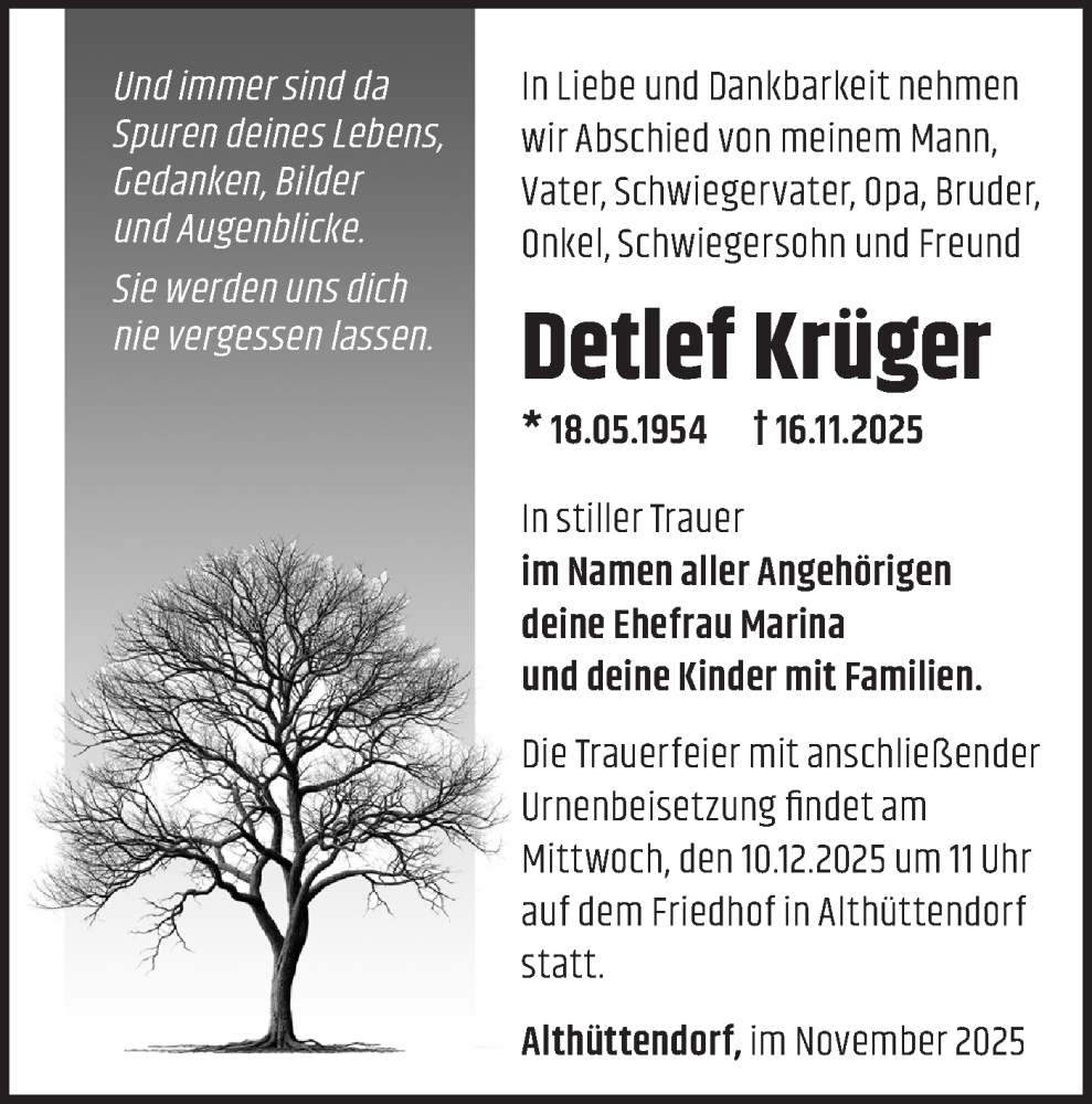  Traueranzeige für Detlef Krüger vom 28.11.2025 aus Märkische Oderzeitung