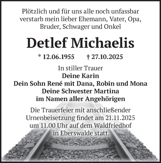 Traueranzeige von Detlef Michaelis von Märkische Oderzeitung