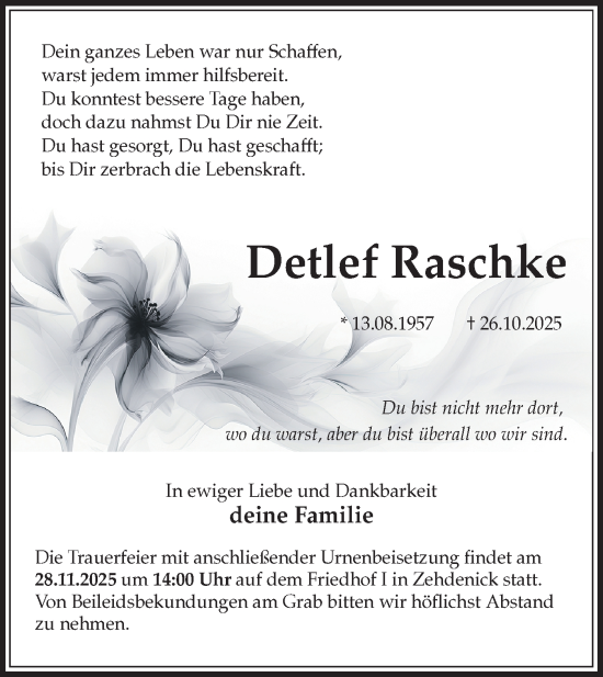 Traueranzeige von Detlef Raschke von Märkische Oderzeitung
