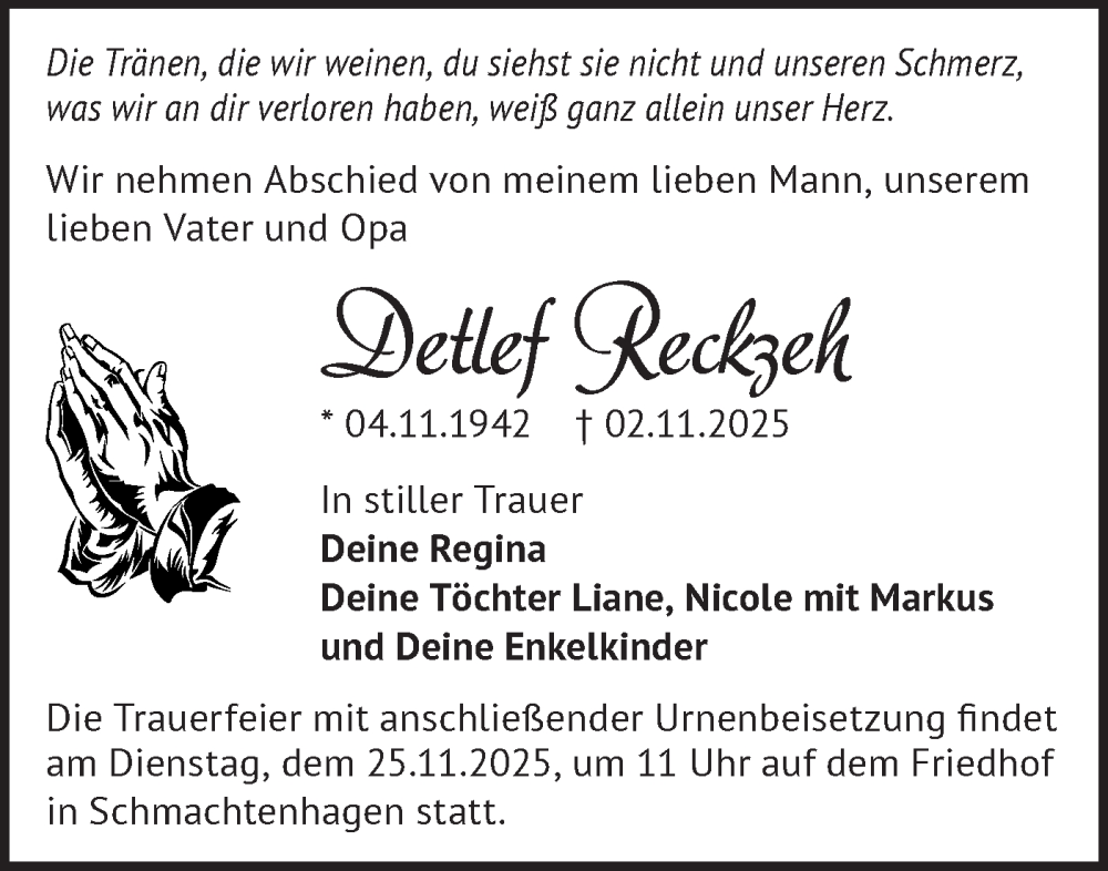 Traueranzeige für Detlef Reckzeh vom 15.11.2025 aus Märkische Oderzeitung