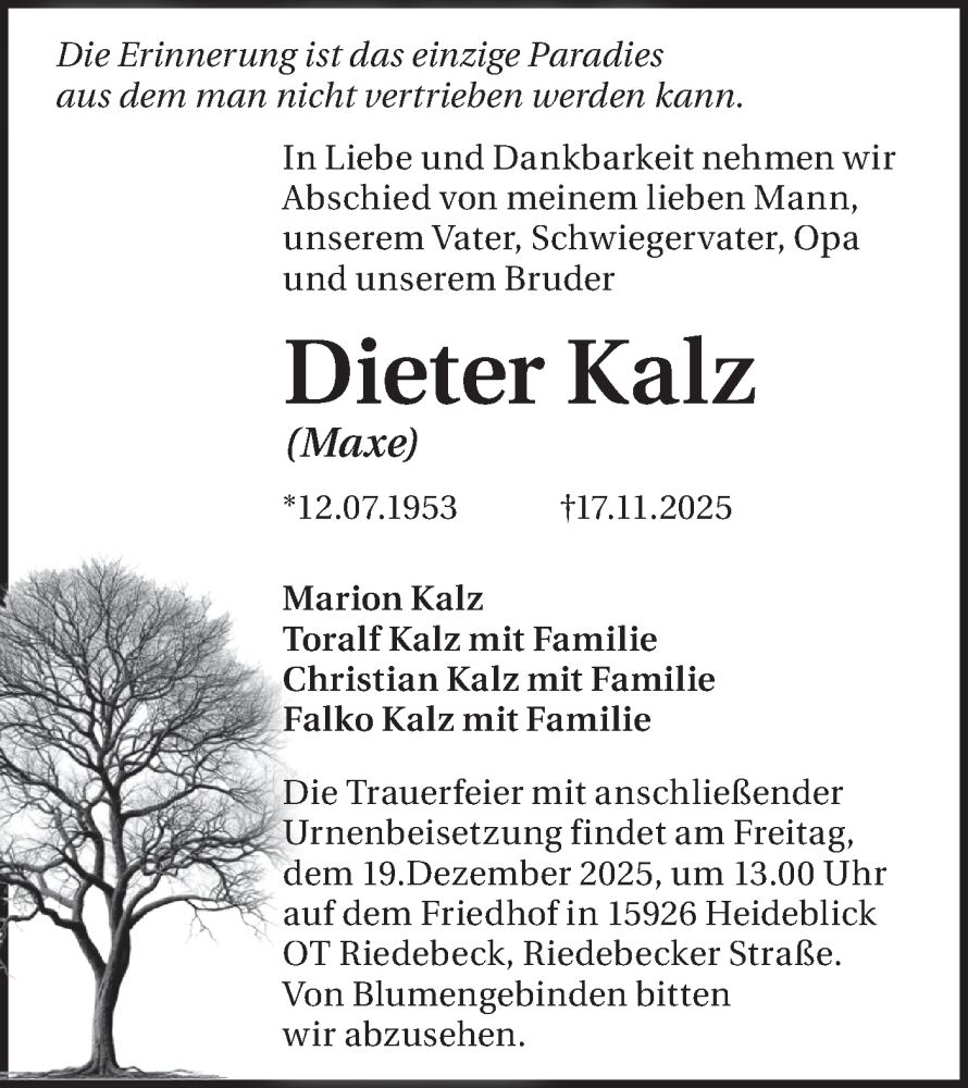  Traueranzeige für Dieter Kalz vom 29.11.2025 aus Blickpunkt Ludwigsfelde/Zossen