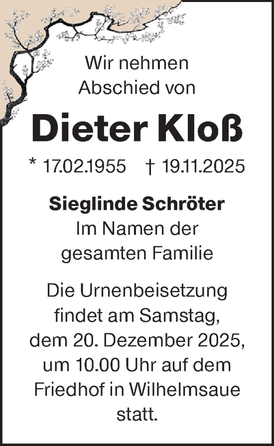 Traueranzeige von Dieter Kloß von MO Oderld.-Echo