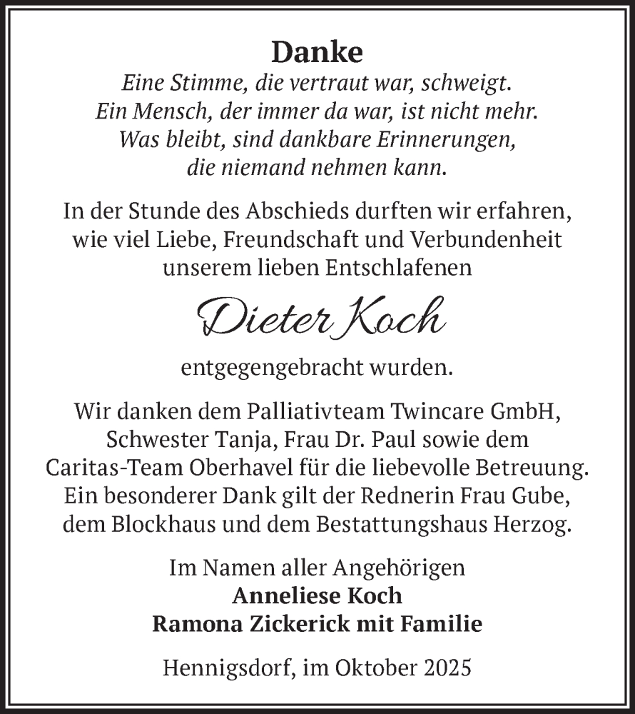  Traueranzeige für Dieter Koch vom 08.11.2025 aus Märkische Oderzeitung