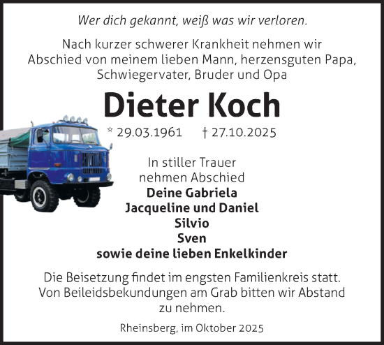 Traueranzeige von Dieter Koch von Märkische Oderzeitung