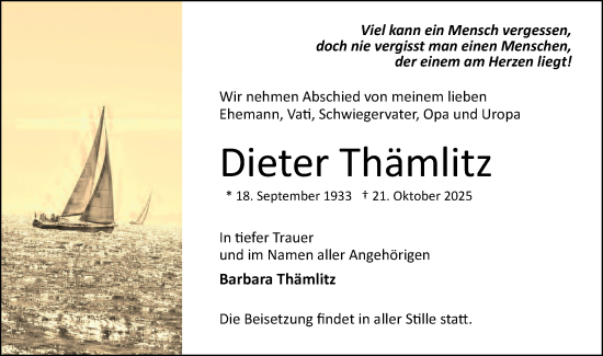 Traueranzeige von Dieter Thämlitz von Märkische Oderzeitung
