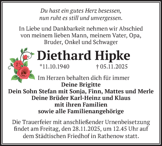 Traueranzeige von Diethard Hipke von Märkische Oderzeitung