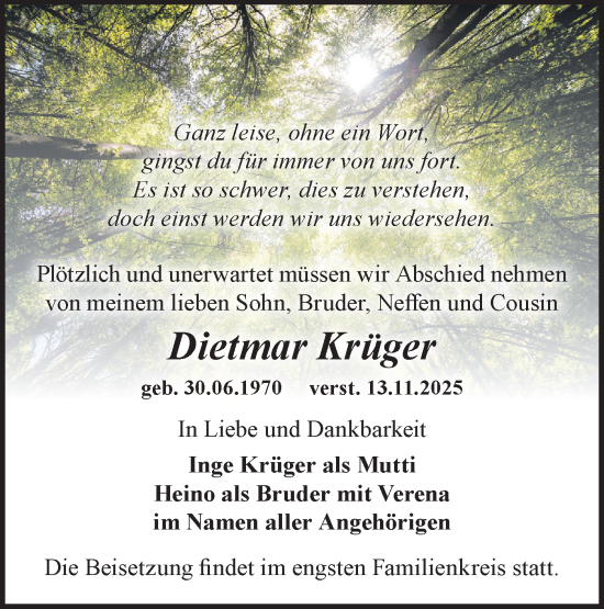 Traueranzeige von Dietmar Krüger von Märkische Oderzeitung