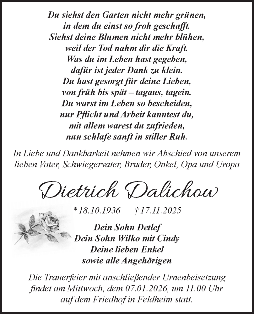  Traueranzeige für Dietrich Dalichow vom 29.11.2025 aus Blickpunkt Jüterbog/Luckenwalde