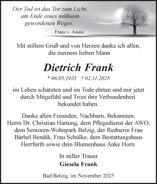 Traueranzeige von Dietrich Frank von Märkische Oderzeitung