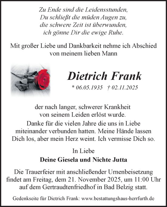 Traueranzeige von Dietrich Frank von Märkische Oderzeitung