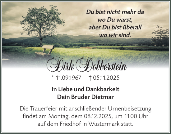 Traueranzeige von Dirk Dobberstein von Märkische Oderzeitung