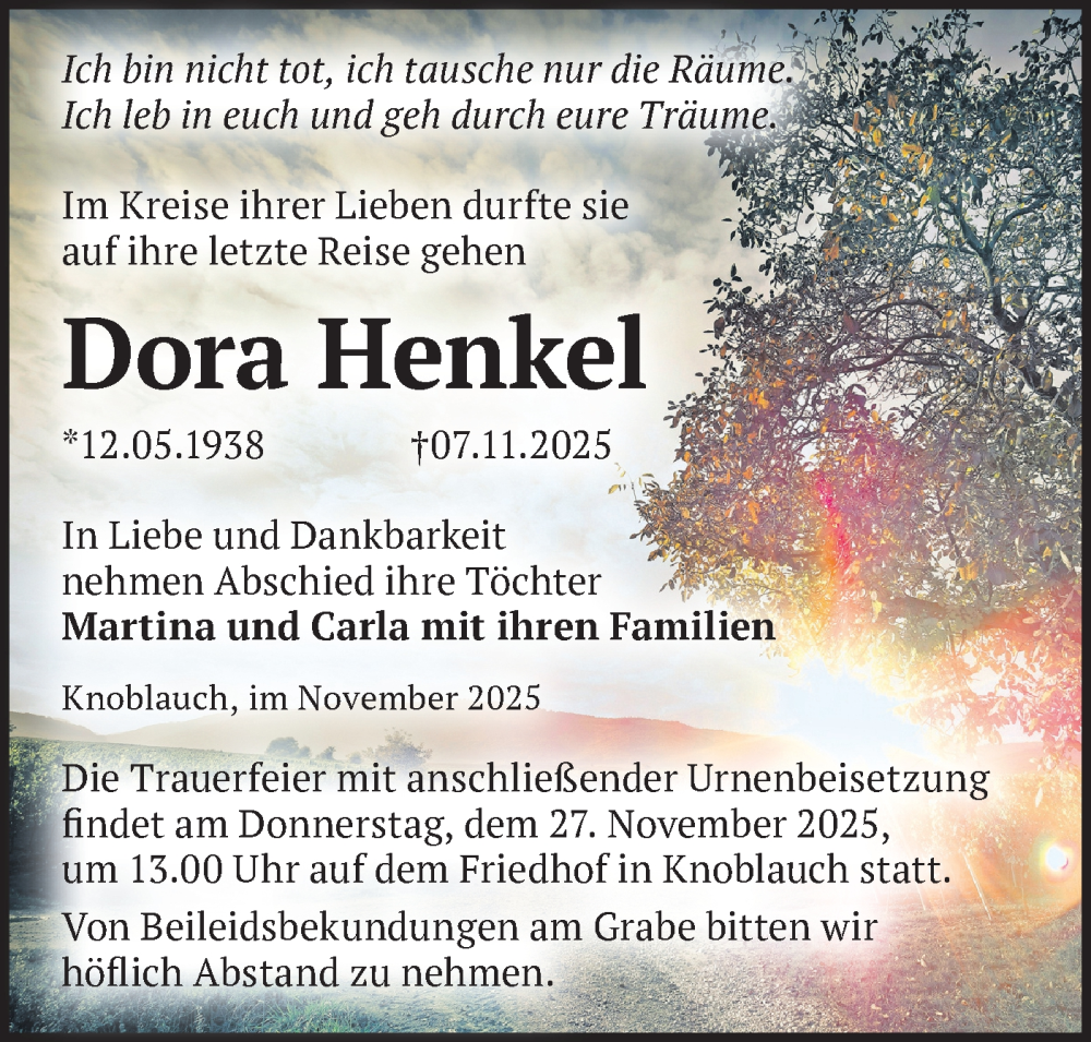  Traueranzeige für Dora Henkel vom 15.11.2025 aus Märkische Oderzeitung