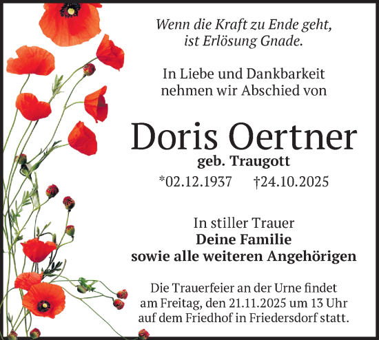 Traueranzeige von Doris Oertner von Blickpunkt Königs Wusterhausen