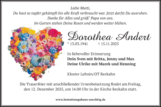 Traueranzeige von Dorothea Andert von Märkische Oderzeitung