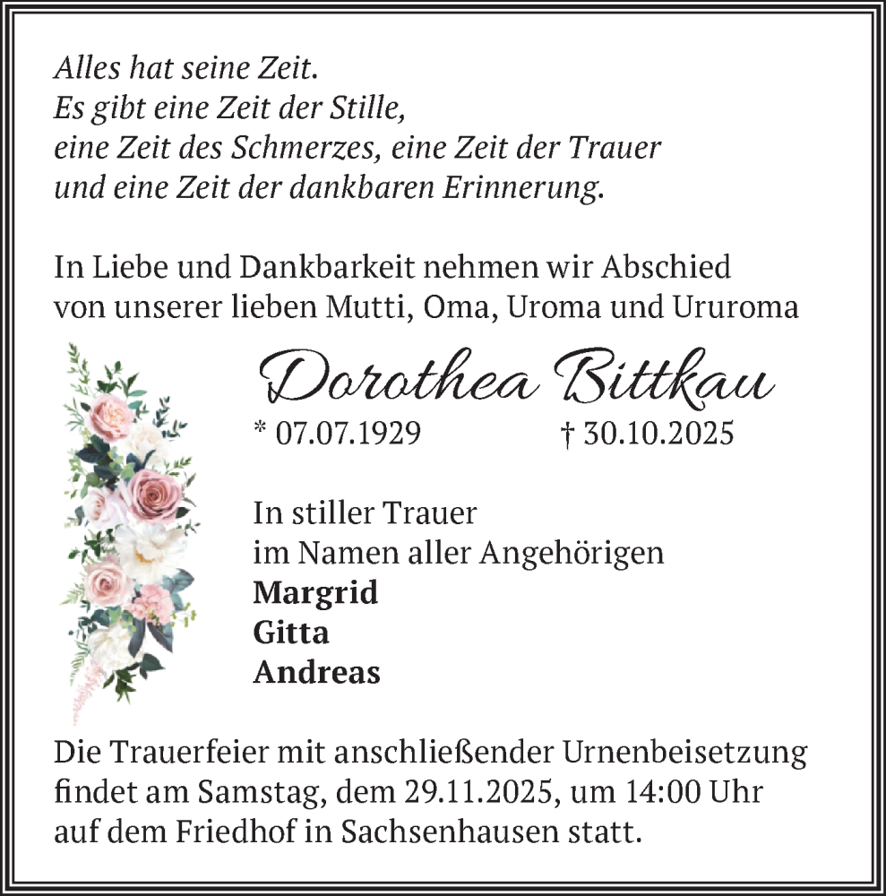  Traueranzeige für Dorothea Bittkau vom 15.11.2025 aus Märkische Oderzeitung