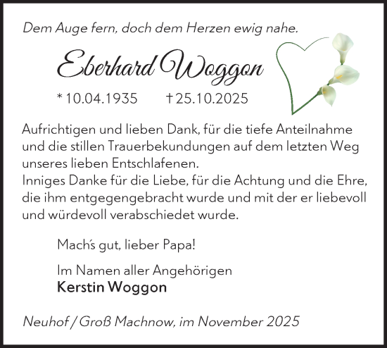 Traueranzeige von Eberhard Woggon von Blickpunkt Ludwigsfelde/Zossen