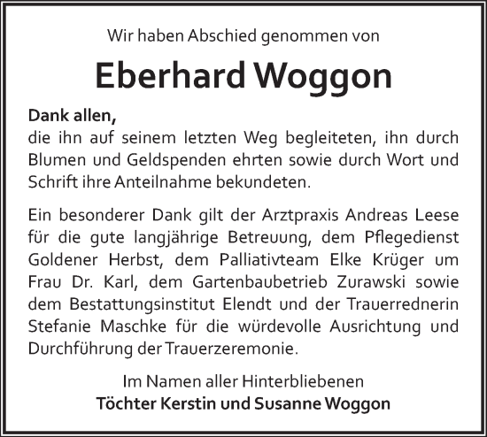 Traueranzeige von Eberhard Woggon von Blickpunkt Ludwigsfelde/Zossen