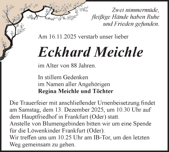 Traueranzeige von Eckhard Meichle von Märkische Oderzeitung