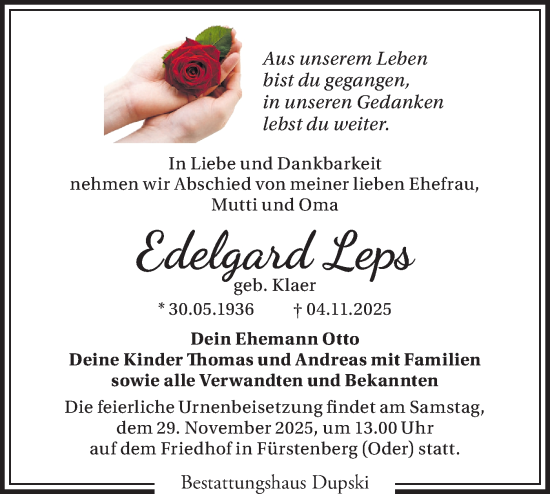 Traueranzeige von Edelgard Leps von Märkische Oderzeitung