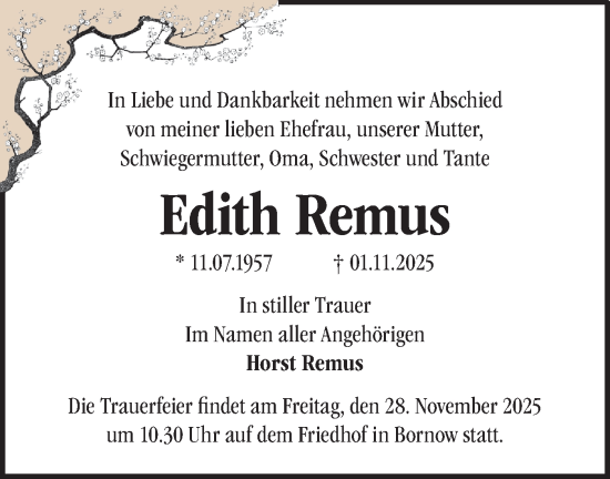 Traueranzeige von Edith Remus von Märkische Oderzeitung