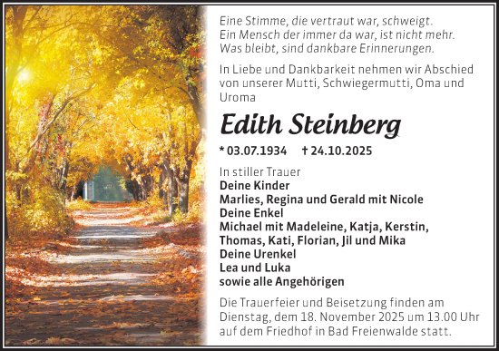 Traueranzeige von Edith Steinberg von MO Oderld.-Echo