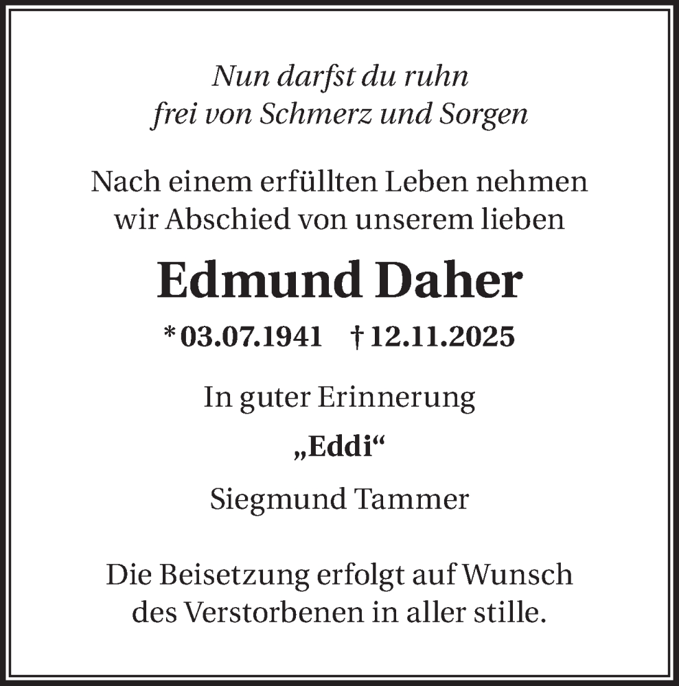  Traueranzeige für Edmund Daher vom 29.11.2025 aus Märkische Oderzeitung