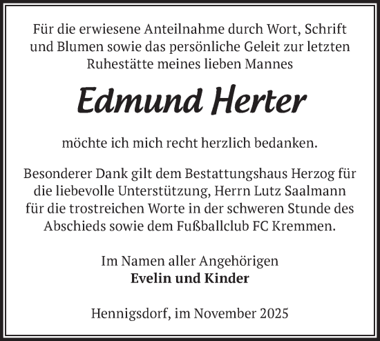 Traueranzeige von Edmund Herter von Märkische Oderzeitung