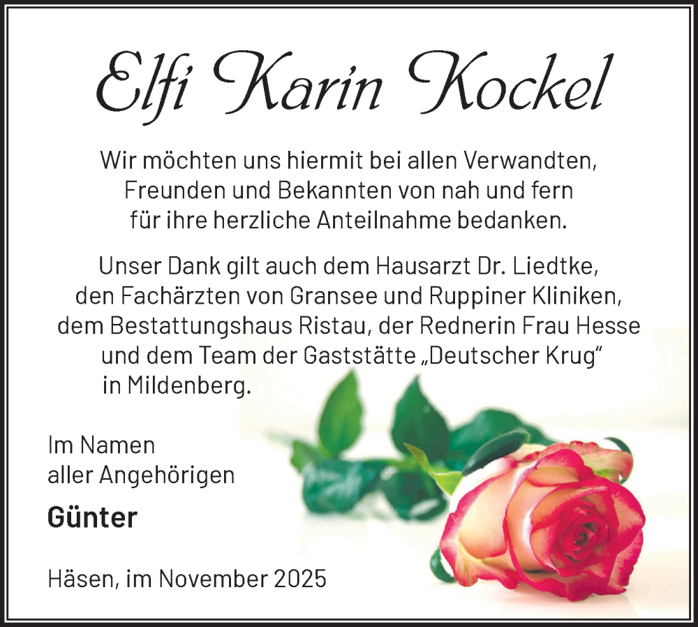  Traueranzeige für Elfi Karin Kockel vom 29.11.2025 aus Märkische Oderzeitung