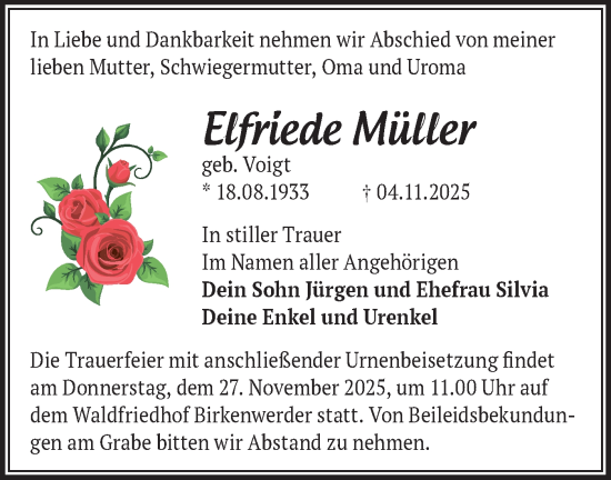 Traueranzeige von Elfriede Müller von Märkische Oderzeitung