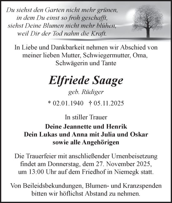 Traueranzeige von Elfriede Saage von Märkische Oderzeitung