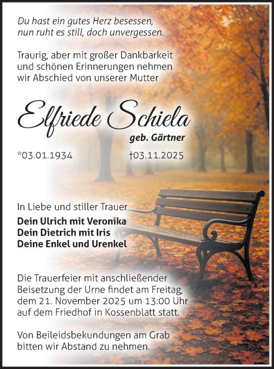 Traueranzeige von Elfriede Schiela von Märkische Oderzeitung