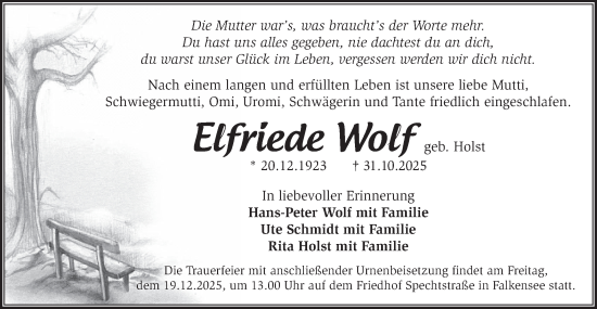 Traueranzeige von Elfriede Wolf von Märkische Oderzeitung