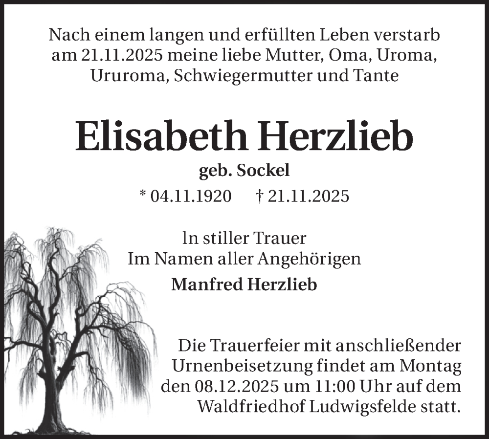  Traueranzeige für Elisabeth Herzlieb vom 29.11.2025 aus Blickpunkt Ludwigsfelde/Zossen