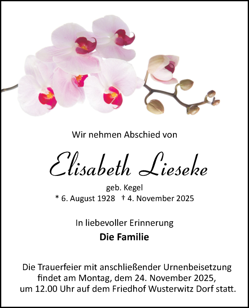  Traueranzeige für Elisabeth Lieseke vom 15.11.2025 aus Märkische Oderzeitung