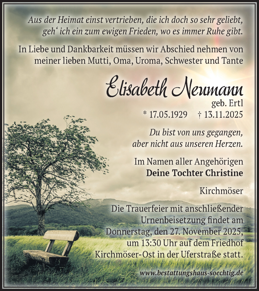  Traueranzeige für Elisabeth Neumann vom 22.11.2025 aus Märkische Oderzeitung