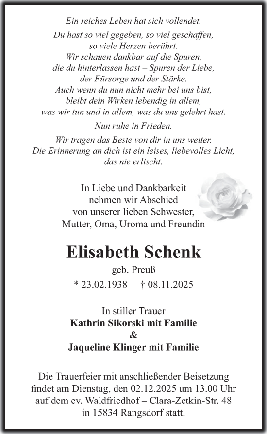 Traueranzeige von Elisabeth Schenk von Blickpunkt Ludwigsfelde/Zossen