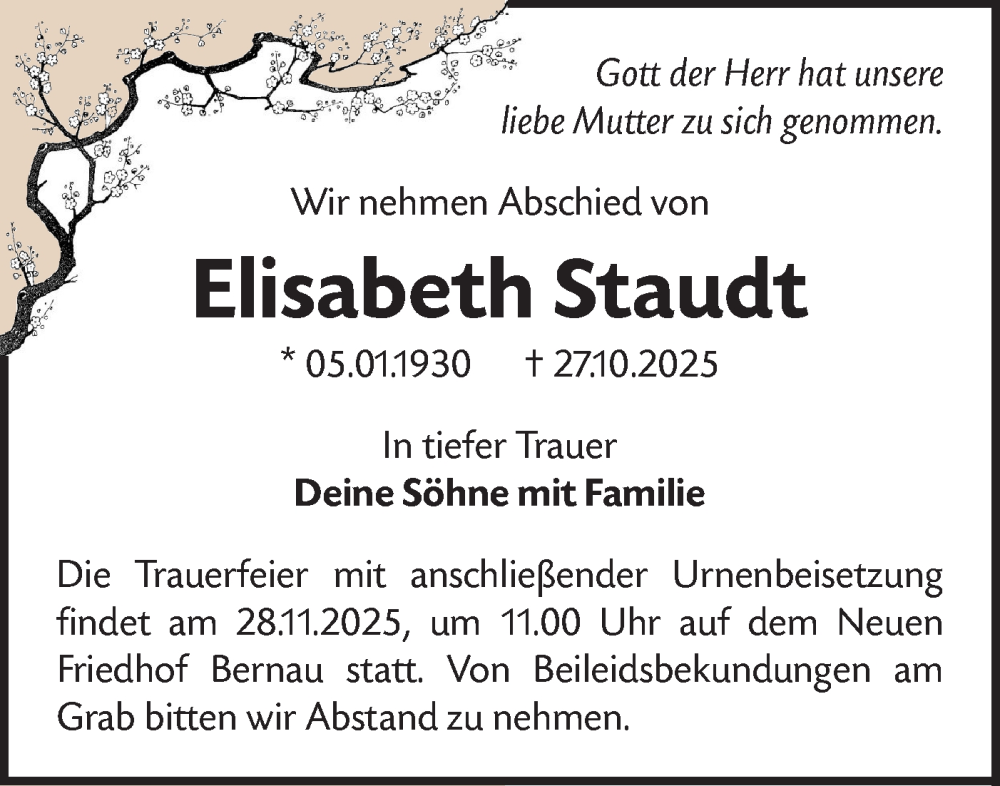  Traueranzeige für Elisabeth Staudt vom 15.11.2025 aus Märkische Oderzeitung