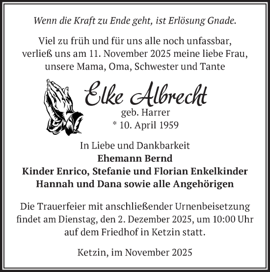 Traueranzeige von Elke Albrecht von Märkische Oderzeitung